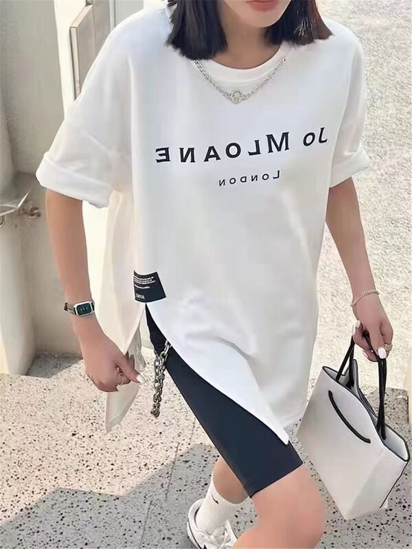 [Yi Ge Li] Korean version chain design loose label split short sleeve T-shirt (chain cannot be disassembled) 1183# WPL