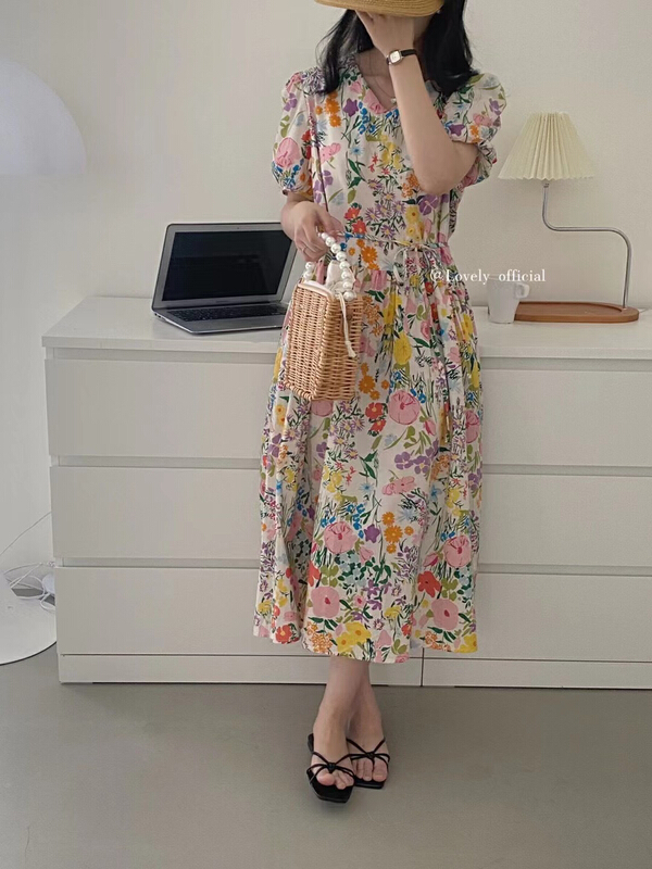 "LOVELY" French v-neck bubble sleeve dress (with waist rope) S1313# HBX