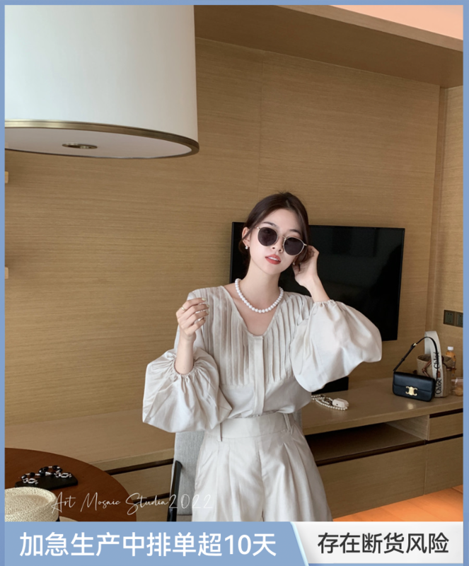 [retain] Korean style V-Neck long sleeve shirt + casual Shorts Set 229036# lwy