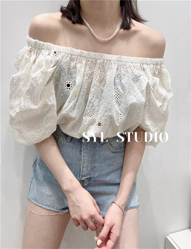 [SYL] simple and versatile hook flower shoulder shirt 5188# L