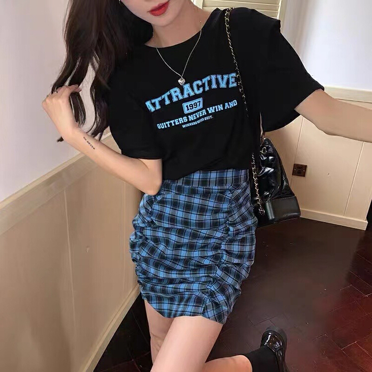 [c.x Chuxin] Korean alphabet bubble sleeve short sleeve T-shirt + slim fit pleated Plaid half body suit 6093# WTT