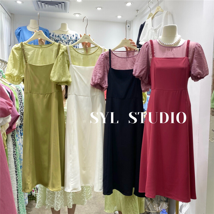 [SYL] fashion simple blouse + suspender lady dress set 5192# L
