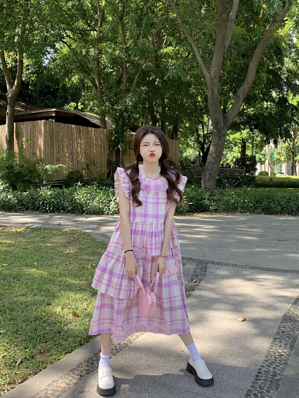 [dolly] May Day travel Sweet Pink Purple Plaid loose dress 8494# LSW