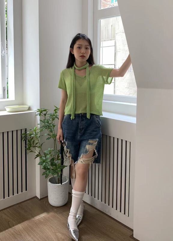 [9hour] V-neck solid color casual versatile T-shirt (with belt) 61215# zxl