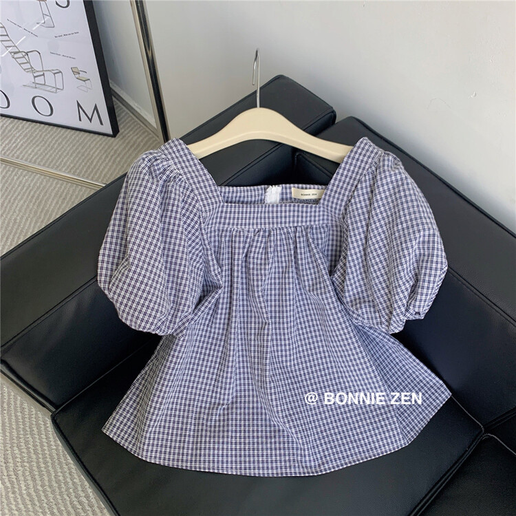 New in early summer! [Bonnie] Korean fresh Plaid square neck baby shirt 2277# XYJ