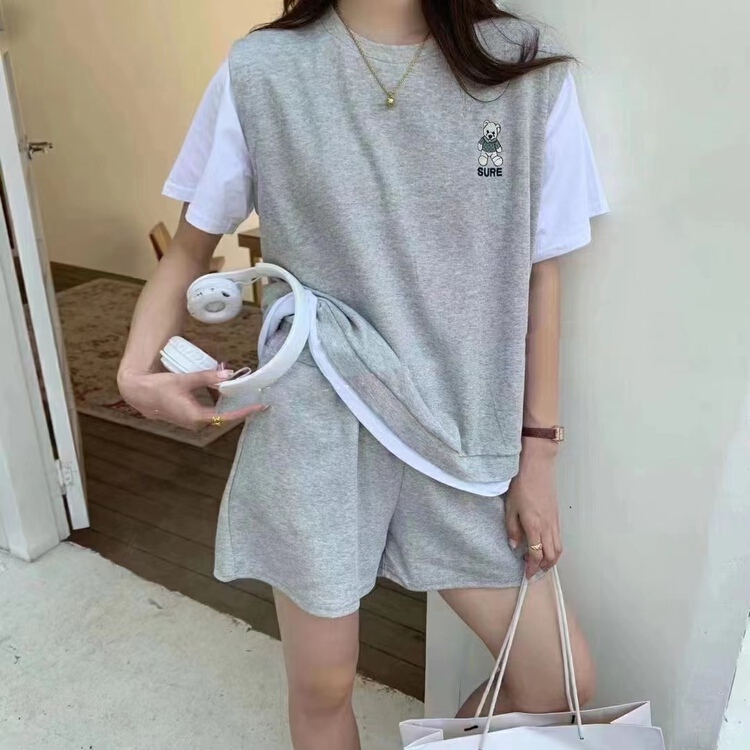 New in early summer! [Duomi] fake two piece cartoon short sleeve T-shirt + loose and versatile casual pants set 515# zxl