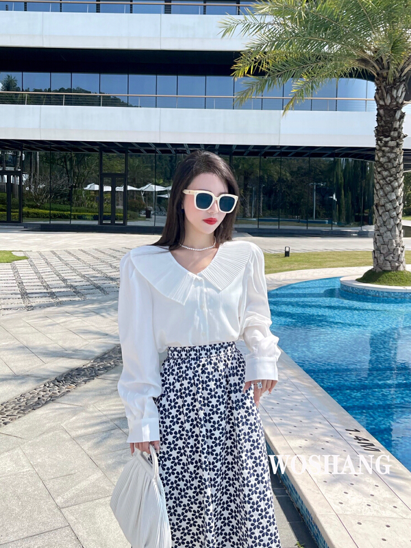 New year in early spring! [woshang] pleated doll neck design sense of minority French Vintage chiffon shirt 1153# XYJ