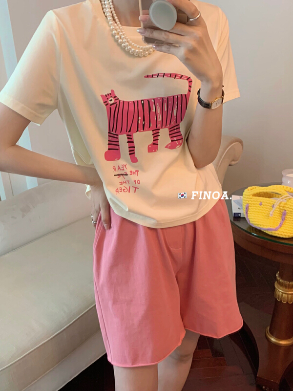 [finoa] Korean Abstract cartoon image digital printed short sleeve T-shirt 10486# CLS