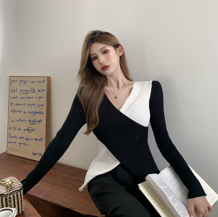New year in early spring! [Fanfan] Korean fashion color blocking V-neck irregular sweater 1108# JJ
