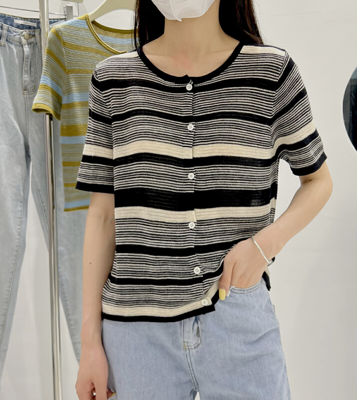 New in early summer! [alive] crew neck striped single breasted sweater (including 5% wool) a8032# lwy