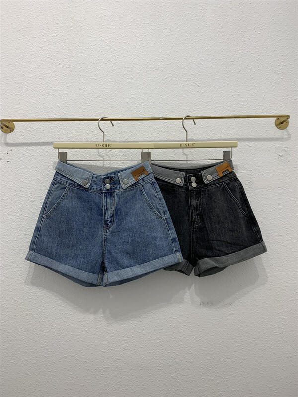 "U.SHE" personalized hem stitching denim shorts 83905# CQW