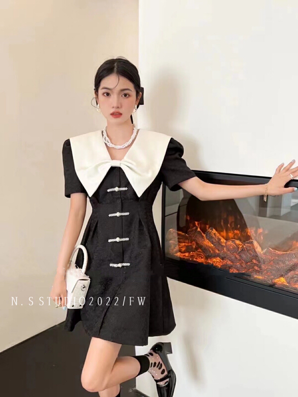 [N.S] vintage style large lapel contrast color disc buckle texture flower waist dress 9221# WPL