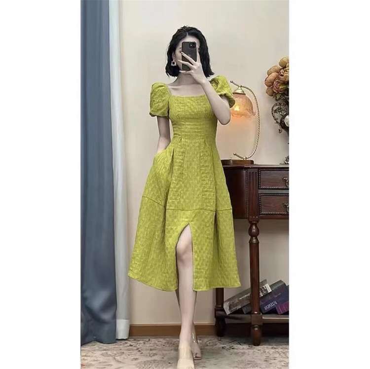 New in early summer! [clothing] generous temperament slit bubble sleeve Jacquard Dress 833# PCZ