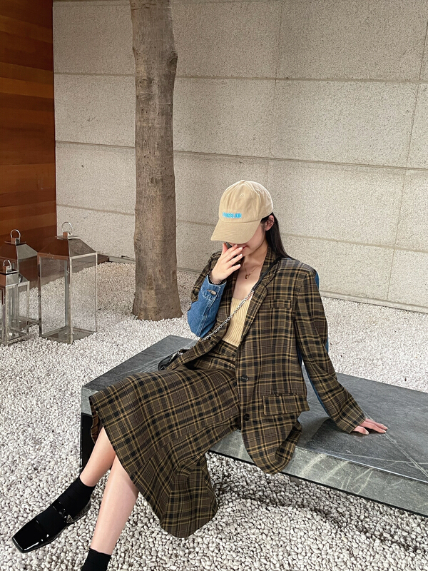 [July] Korean Vintage stitched denim Plaid suit 7115# zxx
