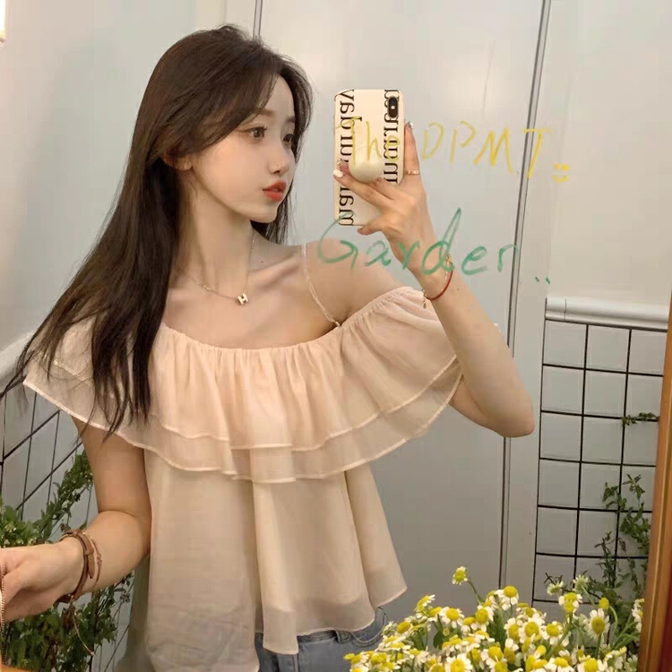 [YG] sweet French style design sense of niche off shoulder shirt (with drill chain) 6436# lwy