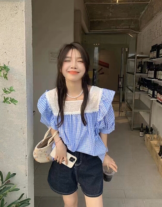 [Xiaoxiaojia] classic Plaid stitched lace blouse 80553# WTT