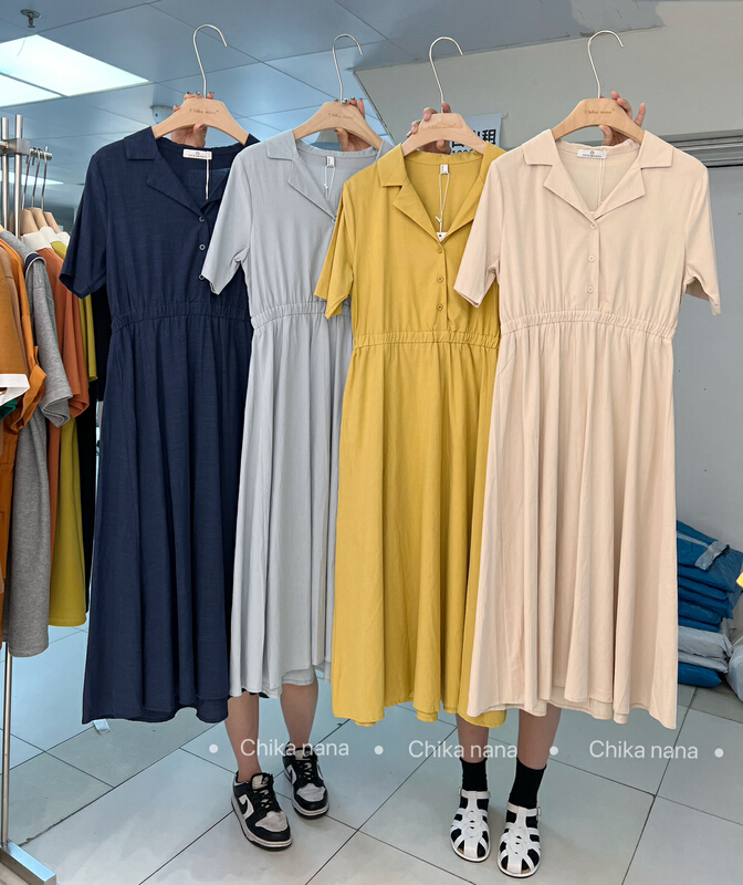 [Chika. Nana] Korean cotton linen suit collar polo collar loose dress 2133# cqw