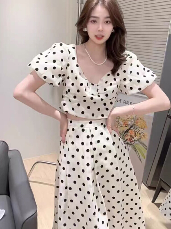 [Huaxi] Korean sweet wave point bandage top ➕ High waist slim skirt suit 8952# PCZ