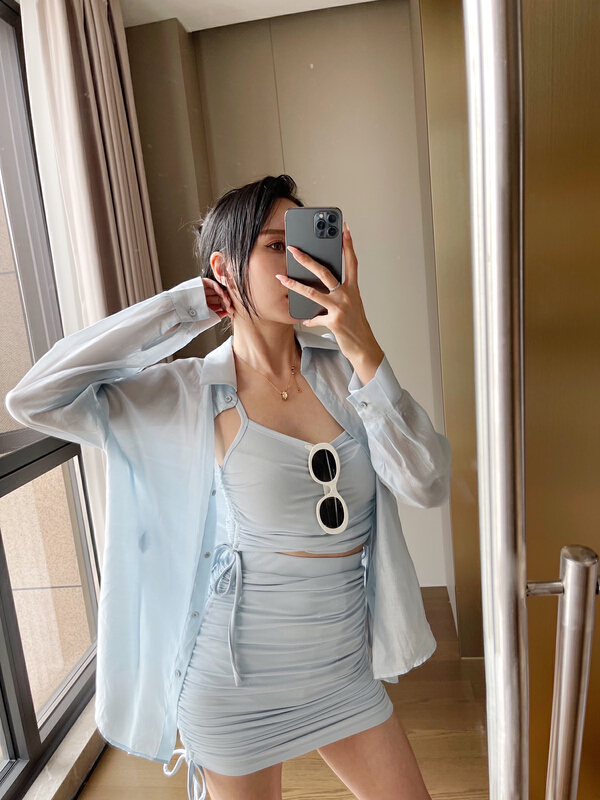 [M & M] casual simple loose shirt + sexy drawstring sling + Hip Wrap slim skirt set 16391# PCZ