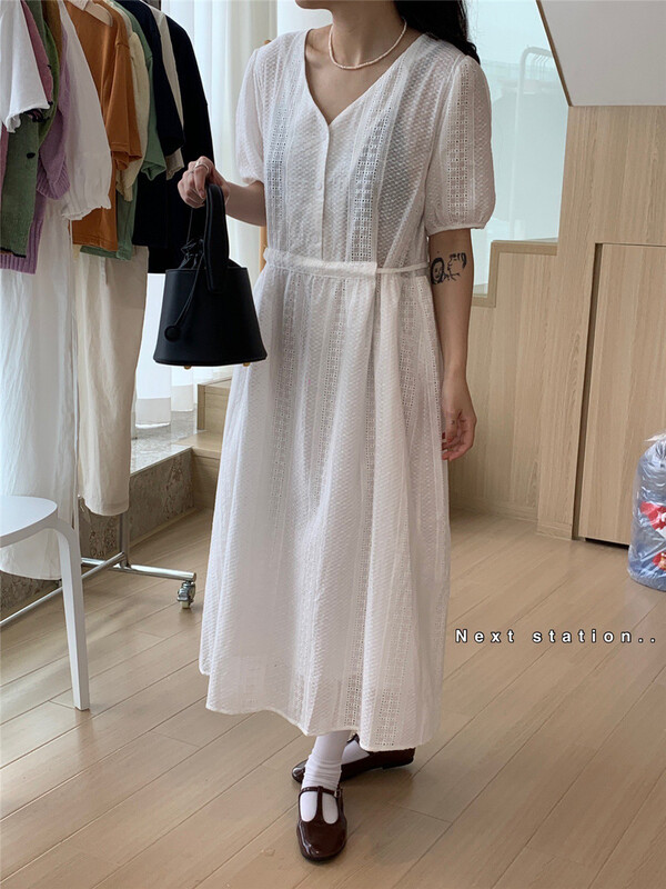 [next station] lady gentle lace up Crochet bubble sleeve dress 22153# ZSY