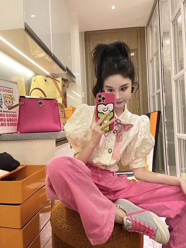 New in early summer! [Feimao Philippine cat] fashionable lady jacquard bubble sleeve blouse (with detachable bow) ym-7216# LSL