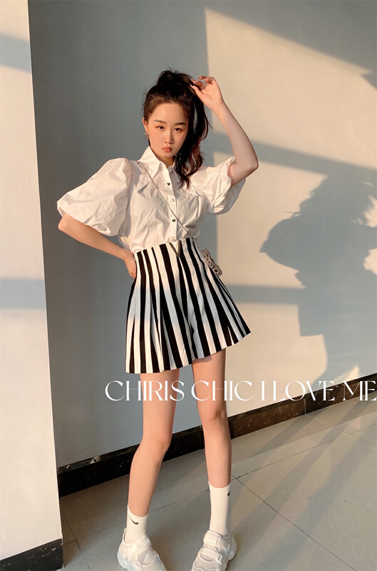 初夏上新!【CHIRIS CHIC】高腰條紋顯瘦休閒短褲  220112#  OZQ