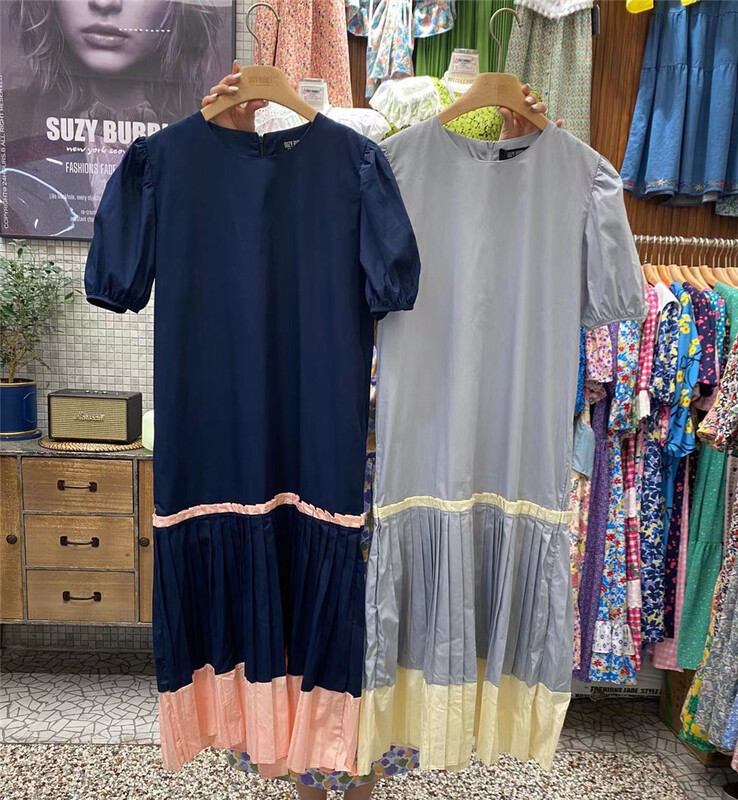 goods in stock! New in early summer! [N21] ladies fashion round neck bubble sleeve color contrast loose dress 2093# WPL