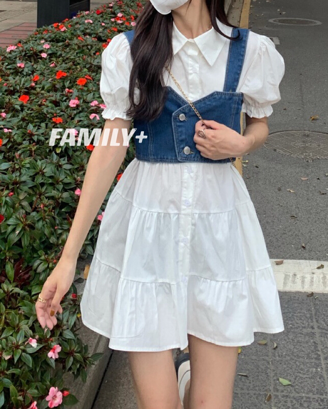 [family +] Korean aging shirt dress ➕ Denim suspender vest suit 22377# ozq