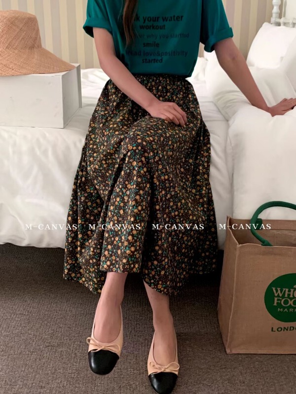 Early summer Shangxin [Mi hang m-canvas] Korean vintage floral skirt t8080# lwy
