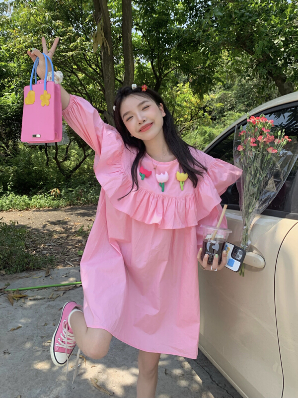 [dolly] Korean style small fresh and sweet flounced tulip dress (with Brooch) 5907# LSW