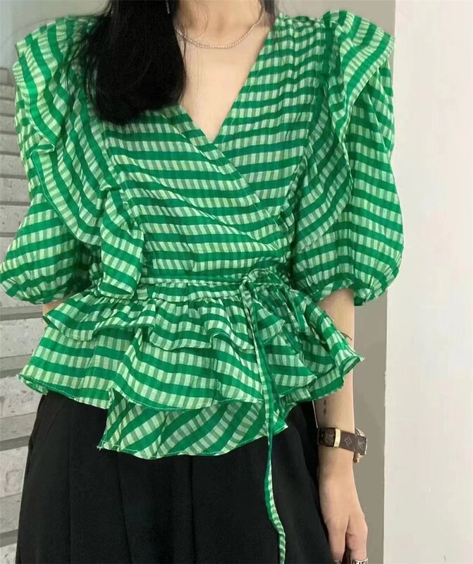 New in early summer! [Yan Zhen] chiffon blouse 11570# PCZ with ruffled bubble sleeve bandage