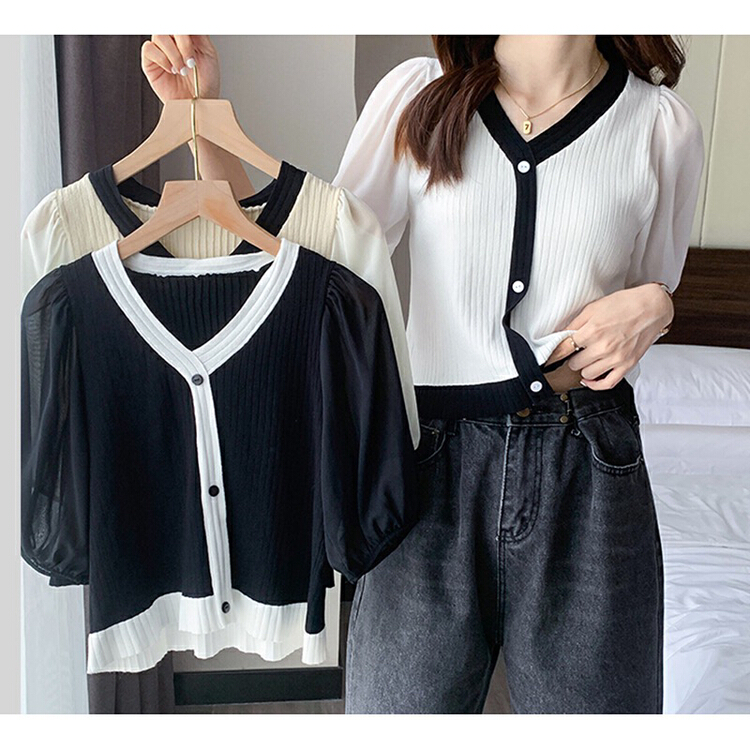 [F.P.] stitched Chiffon V-neck T-shirt 9240# HBx