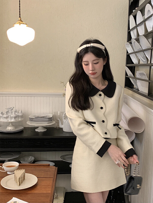 goods in stock! New year in early spring! [savage] French style small fragrance color contrast short coat + high waist bow skirt suit e6810# WPL