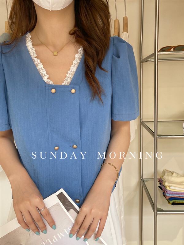 [Sunday morning] Korean lace side double breasted blouse 9119# zjy