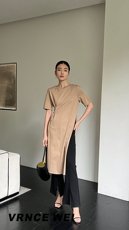 New in early summer! [Vince] high sense big brand minimalist side button two wear medium long short sleeve T-shirt 5136# XYJ