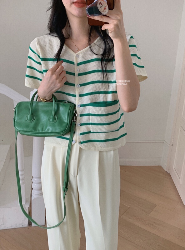 [your room] Korean striped V-neck short sleeved knitted cardigan ys1-8839# cqw