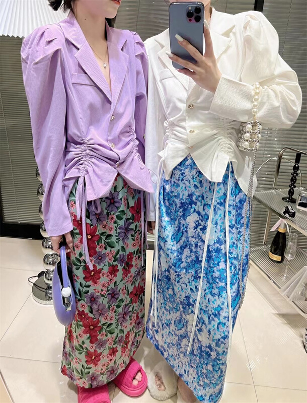 [pepper] drawstring cardigan short coat + floral lady skirt suit 629# PCZ