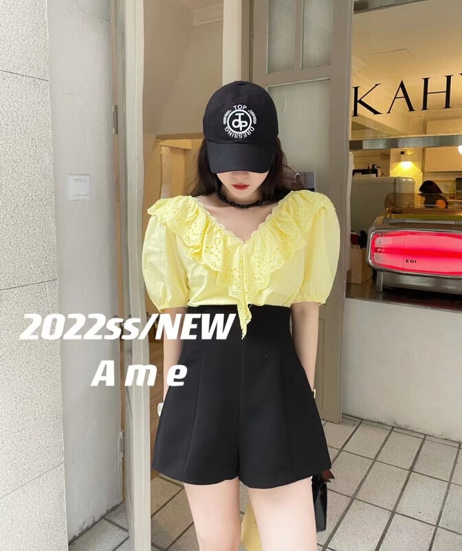 [ame] V-neck lace up fashion blouse 86151# XYJ