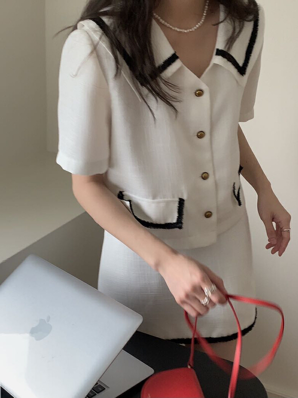 Original price 75.97! New in early summer! [Gabrielle] small fragrant style shirt with contrasting color edges b2238# zxl