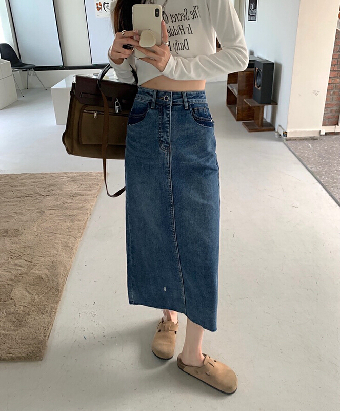 New year in early spring! [ten. Ten] Korean retro versatile high waist slim slit denim skirt 73599# jhy