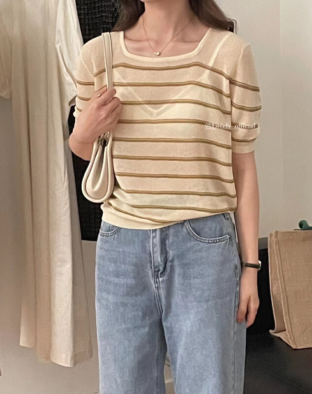 New in early summer! [love] Korean style square neck striped sweater m0602# HBx