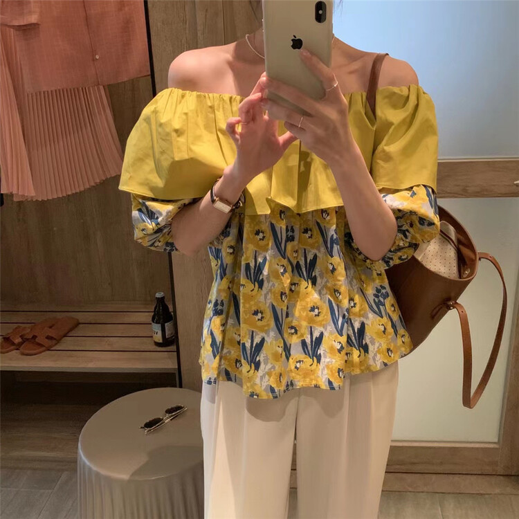goods in stock! New in early summer! [h2-studio] Korean ruffled off shoulder Print Blouse a556# HBx