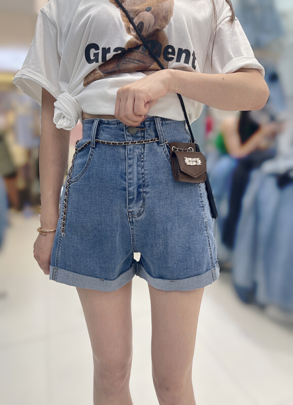 [okd] Korean high waist thin denim shorts (with waist bag) 52596# zxl