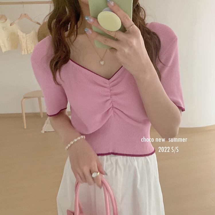 [choco] Korean style V-neck contrast ice silk blouse 8285# HBx