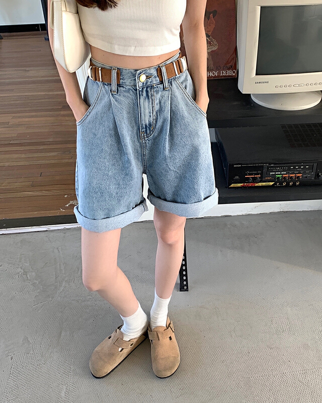 Original price 94.99! New year in early spring! [timely rain] contrast design waistband loose high waist thin straight tube denim shorts b8838# jhy
