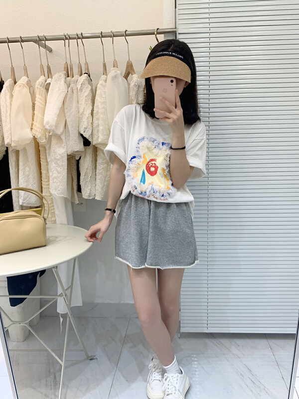 [path home] heavy industry flower lace loose short sleeve T-shirt 80587# WTT