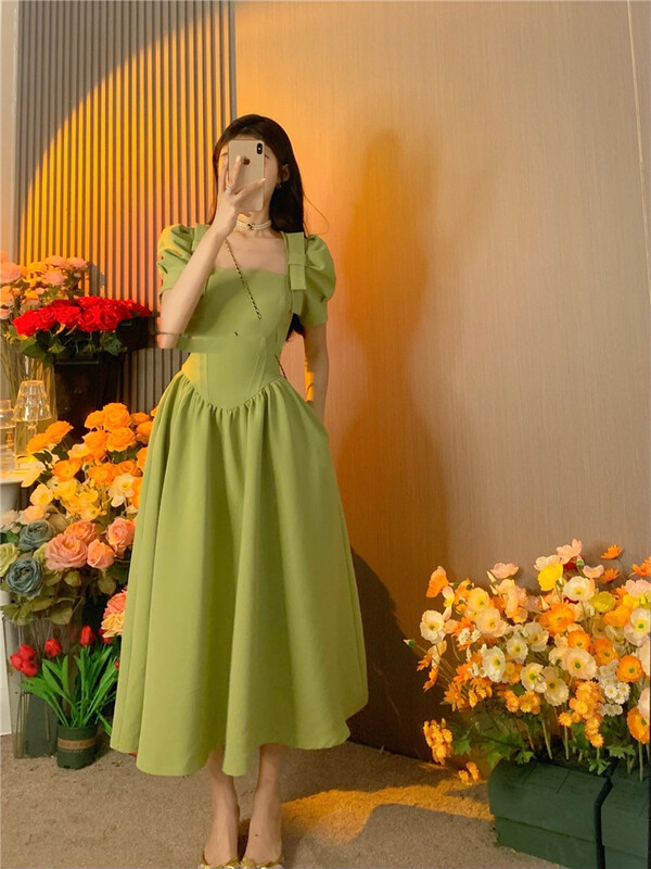 [see you] French square neck bubble sleeve dress 3887# PCZ