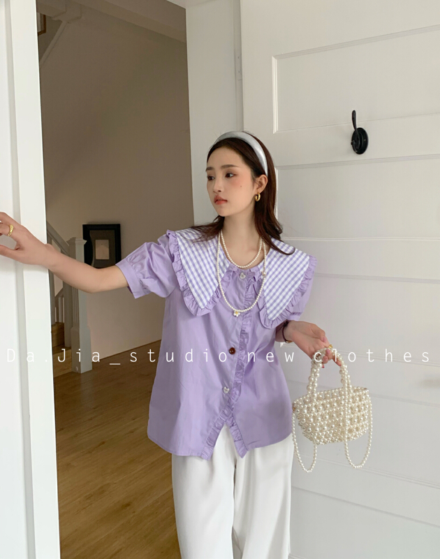 New in early summer! [Dajia] Plaid stitching Lapel short sleeve shirt 22271# CLS