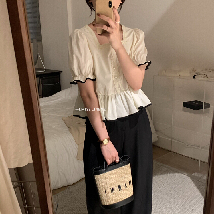 [Imiss] French soft square neck small shirt with contrasting color edges (only selling small shirts) cx7091# LSW