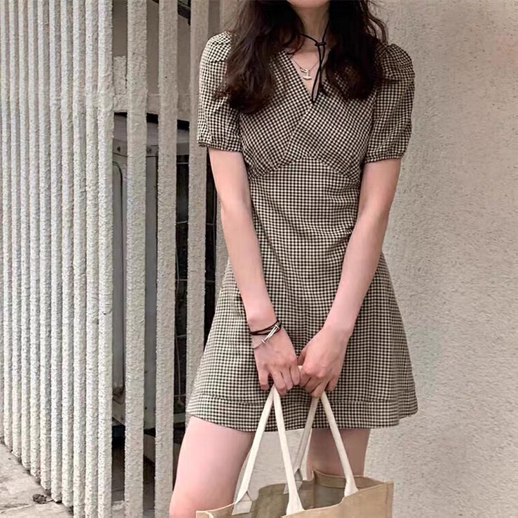 [come and see] Plaid V-neck small fashion dress 2354# JJ